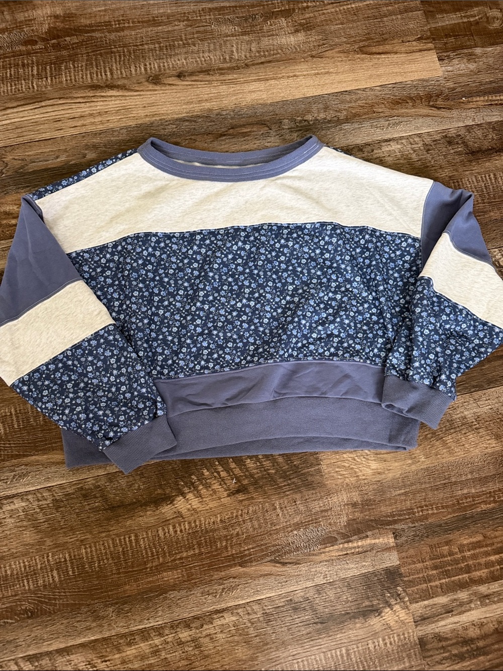 Altar'd State Light Blue and Gray Ribbed-Neck Sweatshirt